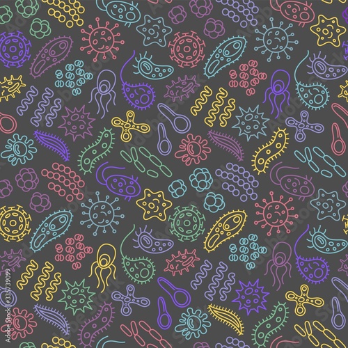 Seamless pattern with bacteria, viruses and germs. Microorganism cells repeating background for textil design, wrapping papper, wallpapper. Color contour on dark backdrop.