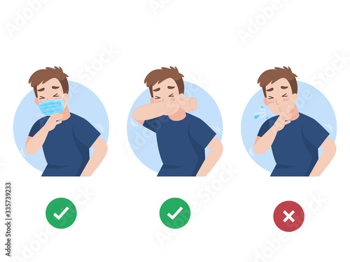Man use elbow cover mouth before sneeze and don't do. color speech bubble like do and don't. people wearing a surgical mask for prevent corona virus, Health care concept.