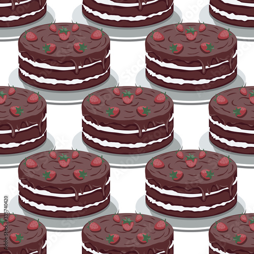 Seamless pattern of sweet chocolate cake with strawberries on a white background. Vector image