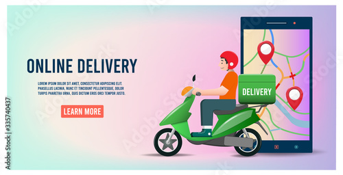Online delivery service concept with delivery man ride scooter delivering parcel box. 
vector illustration.