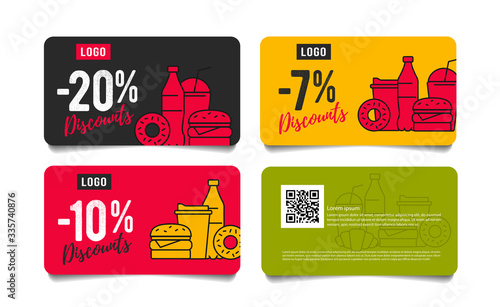 Trendy color discount card or voucher for fast food restaurant or delivery service, front and back template design with linear food and drinks combo menu