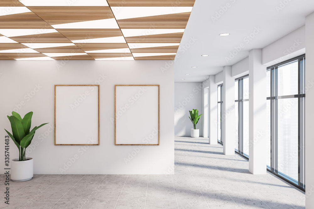 Empty white office hall with posters - obrazy, fototapety, plakaty 