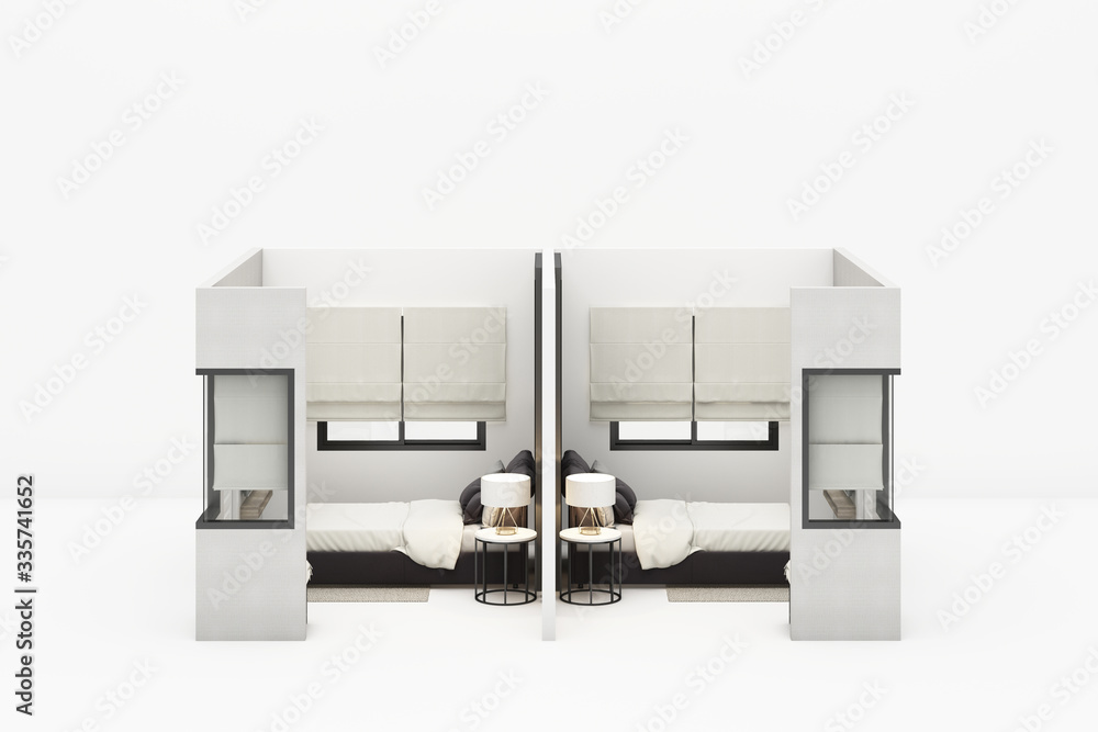 Interior bedroom modern classic style mock up with white furniture on white background 3D rendering Interior bedroom modern classic style mock up with white furniture on white background 3D rendering