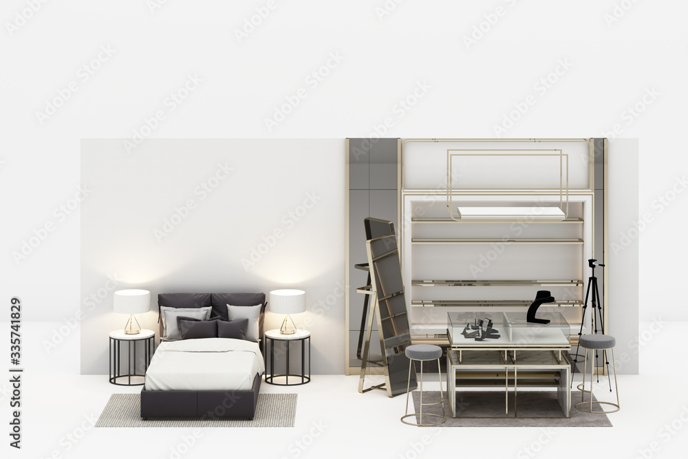 Bedroom with walk in closet jewelry decoration in modern luxury style and grey tone furniture 3d rendering Bedroom with walk in closet jewelry decoration in modern luxury style and grey tone furniture 3d rendering