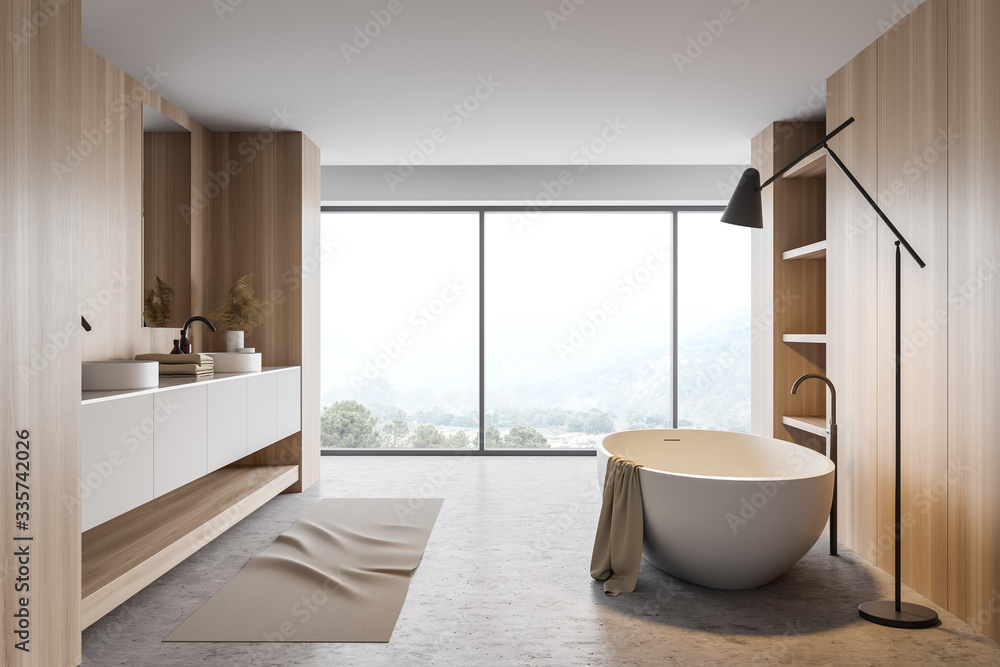 Fototapeta premium Panoramic white and wooden bathroom interior