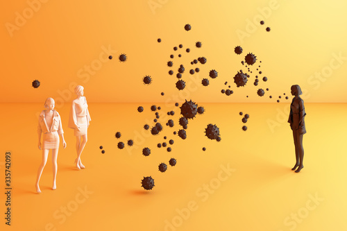 Human Social distancing prevention corona virus covid-19.coronavirus outbreak in concept on yellow background 3d rendering