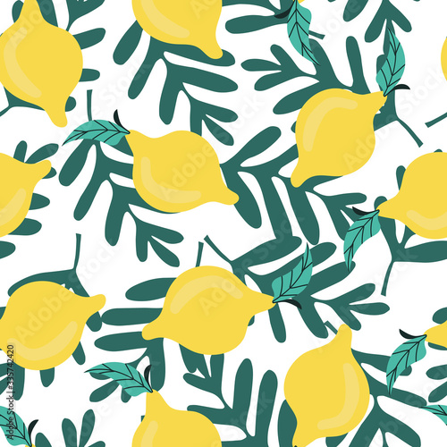 Seamless pattern with bright lemons, tropical print. Bright flat vector illustration. can be used for print, textile, background