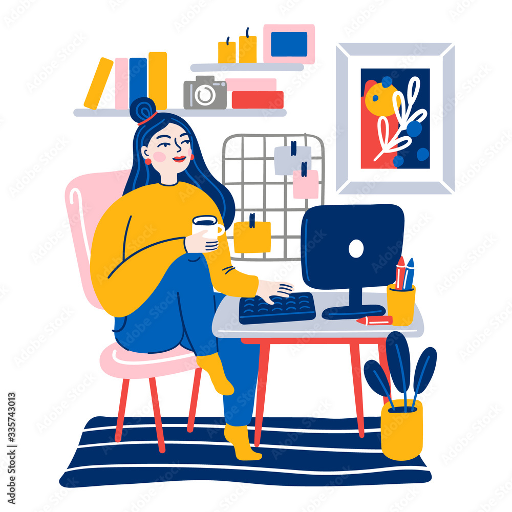 Cute young woman sitting on comfy chair with computer and working at home. Working from home. Freelance worker, everyday routine. Flat cartoon vector illustration. Cute young woman sitting on comfy chair with computer and working at home. Working from home. Freelance worker, everyday routine. Flat cartoon vector illustration.