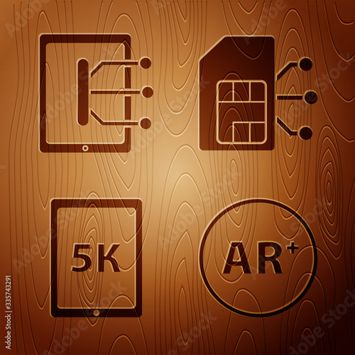 Set Ar, augmented reality, Tablet, Tablet with text 5k and Sim card on wooden background. Vector