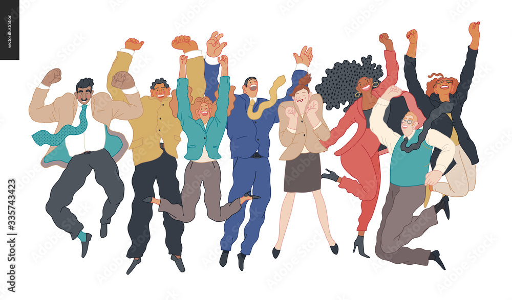 Happy business employees - group of men and women jumping in the air cheerfully. Modern flat vector concept illustration of a happy jumping office workers. Feeling and emotion concept. Happy business employees - group of men and women jumping in the air cheerfully. Modern flat vector concept illustration of a happy jumping office workers. Feeling and emotion concept.
