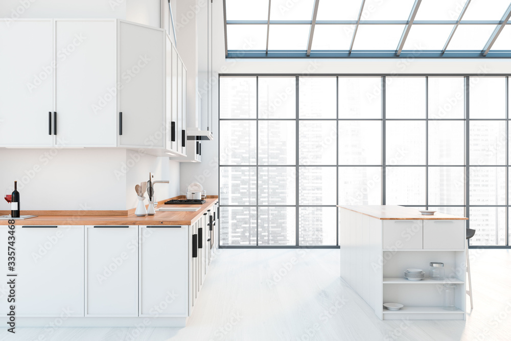 Panoramic white kitchen, countertops and bar Panoramic white kitchen, countertops and bar
