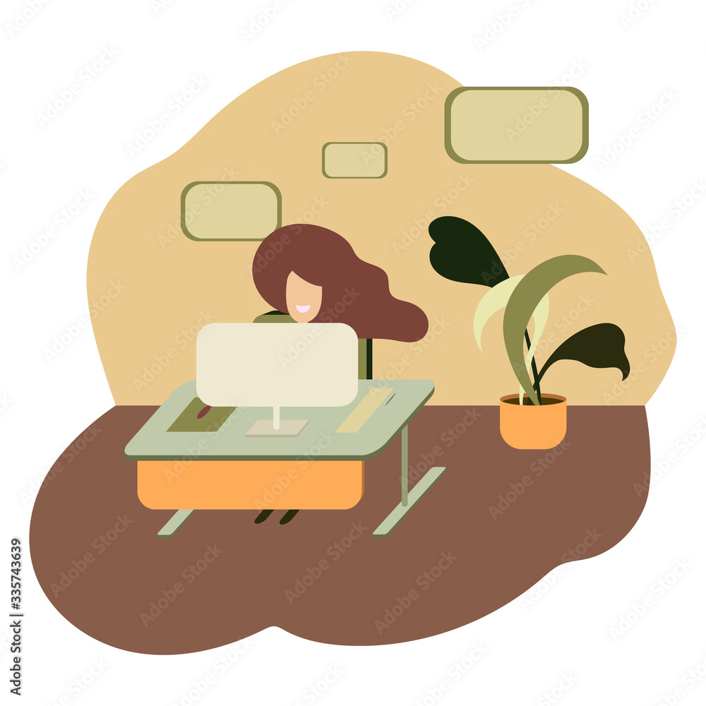 Business woman works in the office on a white background. Teacher in the workplace. A woman teaches a subject at school to children. The girl starts her business. Flat cartoon vector illustration. Business woman works in the office on a white background. Teacher in the workplace. A woman teaches a subject at school to children. The girl starts her business. Flat cartoon vector illustration.