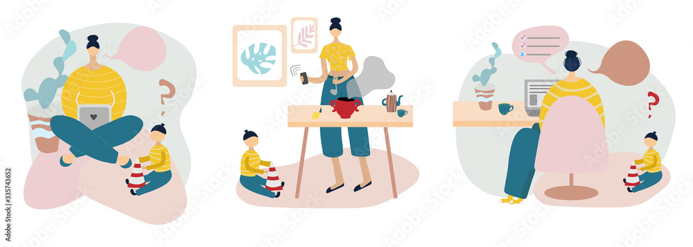 Set a woman with a child working on a laptop from home. Flat cartoon vector illustration. Quarantine work home-office Set a woman with a child working on a laptop from home. Flat cartoon vector illustration. Quarantine work home-office