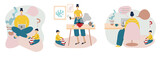 Set a woman with a child working on a laptop from home. Flat cartoon vector illustration. Quarantine work home-office