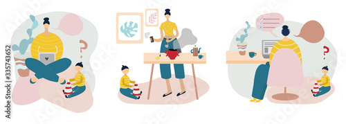Set a woman with a child working on a laptop from home. Flat cartoon vector illustration. Quarantine work home-office