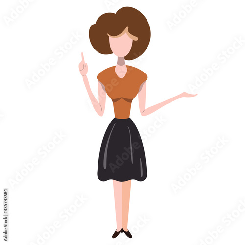 The teacher explains the subject on a white background. The boss gives an indication. A woman tells what to do. The girl runs a business. A business lady runs a sales department. Vector illustration.