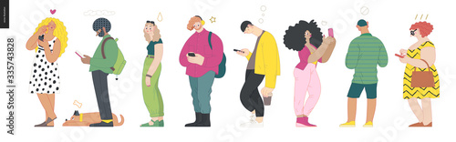 Waiting in line - modern flat vector concept illustration of a young men a women standing in line with smartphones, talking to each other. Multicultural, multilingual people, diversity concept
