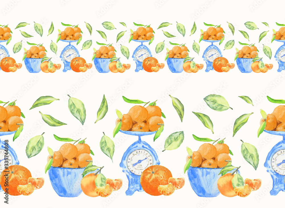 Hand drawn watercolor illustration - borders with tangerines in cups and scales. Perfect for decoration, scrapbooking and other designs