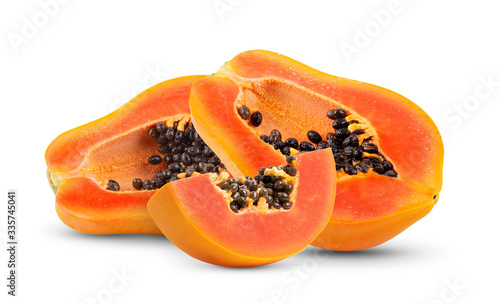 half of ripe papaya fruit with seeds isolated on white background