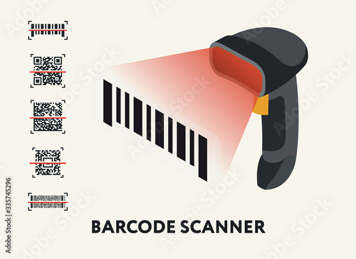 Isometric Barcode QR Code Scanner Reader. Set Of QR Codes. Flat Vector Icon. photo
