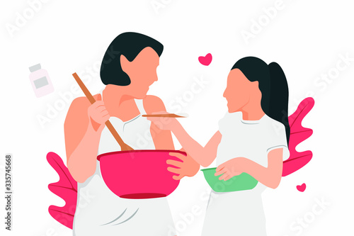 Happy Family In Kitchen, Mom and child daughter cooking Healthy food at home together Vector Illustration