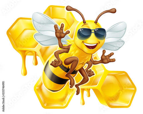 A cool bumble bee cartoon character in sunglasses or shades with a honey dripping bumblebee comb hive honeycomb in the background