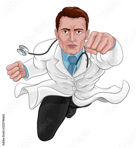 Super hero doctor concept. A medical healthcare professional as a superhero flying through the air.