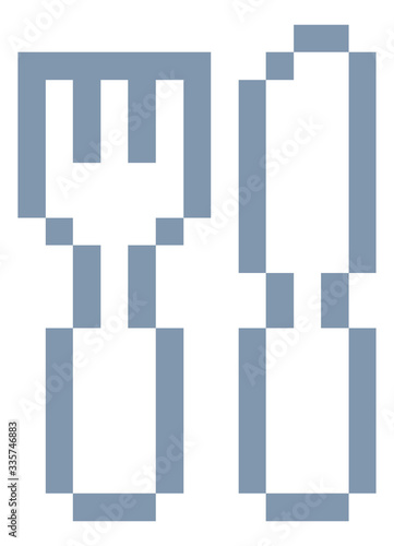 Knife and fork cutlery icon in a pixel 8 bit video game art style