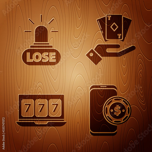 Set Online poker table game, Casino losing, Online slot machine with lucky sevens jackpot and Hand holding deck of playing cards on wooden background. Vector