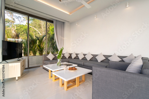 Interior design of pool villa, house, home, condo and apartment feature sofa and cushion in living room
