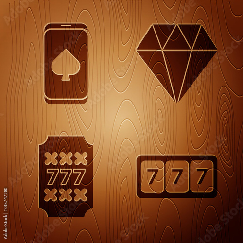 Set Slot machine with lucky sevens jackpot, Online poker table game, Slot machine with lucky sevens jackpot and Diamond on wooden background. Vector
