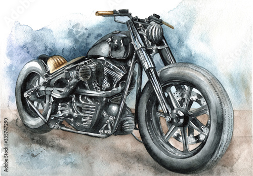 Motorcycle bobber painted in watercolor on paper