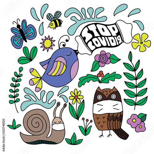 Vector set on a white background, birds with masks from coronavirus, for childish illustrations and posters