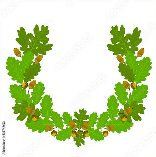 Vector stock illustration of oak leaf crown. Wreaths depicting an award, achievement, heraldry, nobility, emblem. Green oak leaves and acorns. Oak crown. California red oak branch. Hazelnut close-up. 