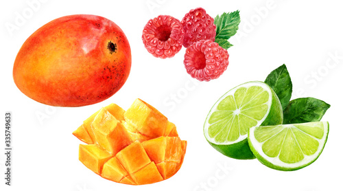 Fototapeta Naklejka Na Ścianę i Meble -  Mango fruit lime raspberries watercolor isolated on white background