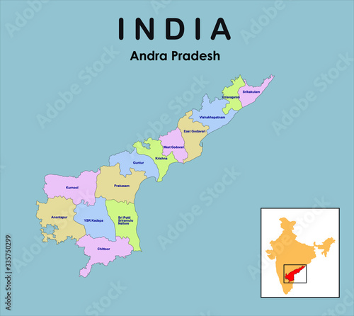 Andhra Pradesh District map with colour vector illustration. Andhra Pradesh map.