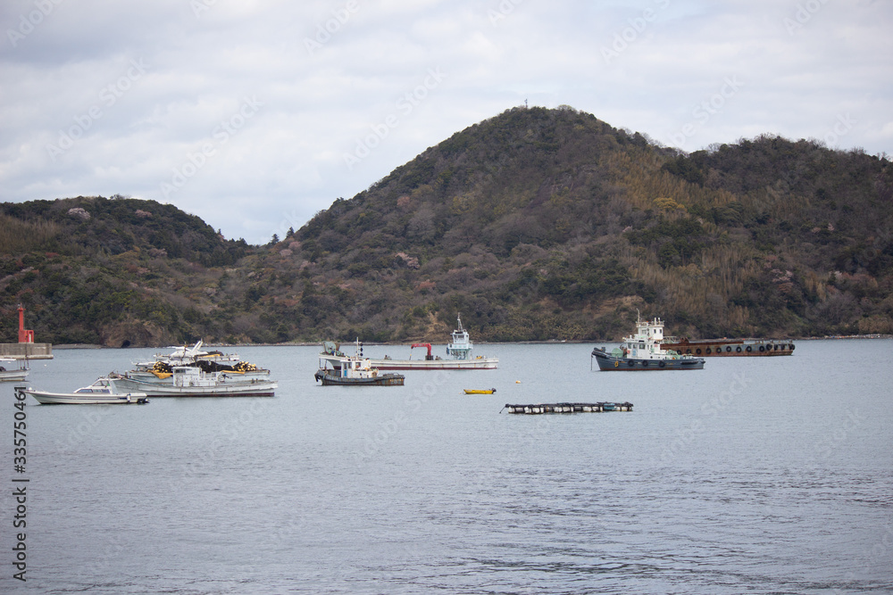 漁港に船が等間隔に停泊　島根　桂島