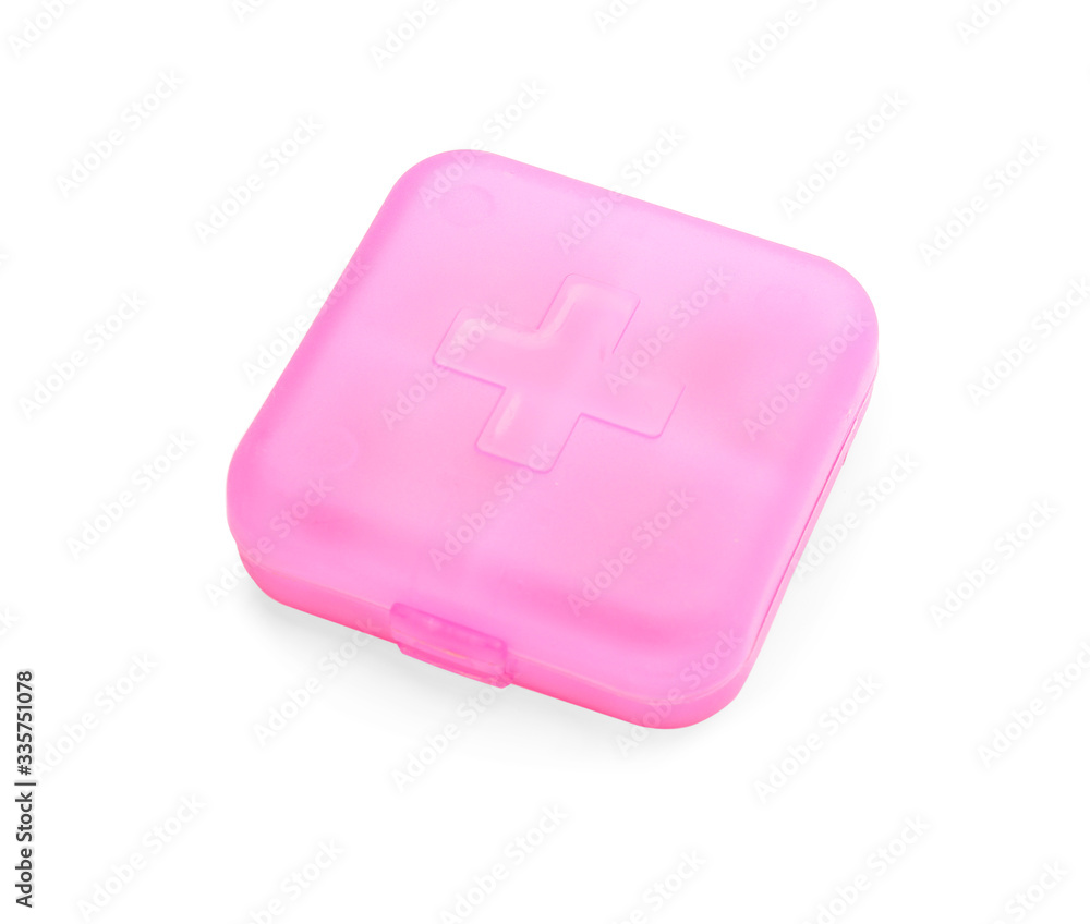 Container with pills on white background Container with pills on white background