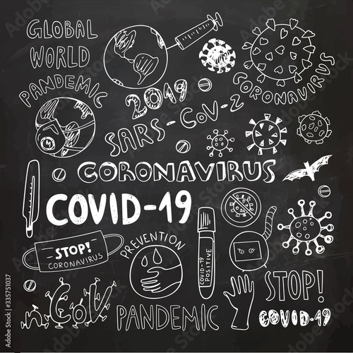 Concept of coronavirus clipart vector illustration. Coronavirus global pandemic illustration. Virus doodles. Chalk drawing.