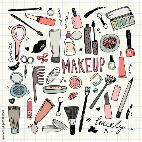 Hand drawn beauty, make up, cosmetic doodles. Isolated vector illustrations.