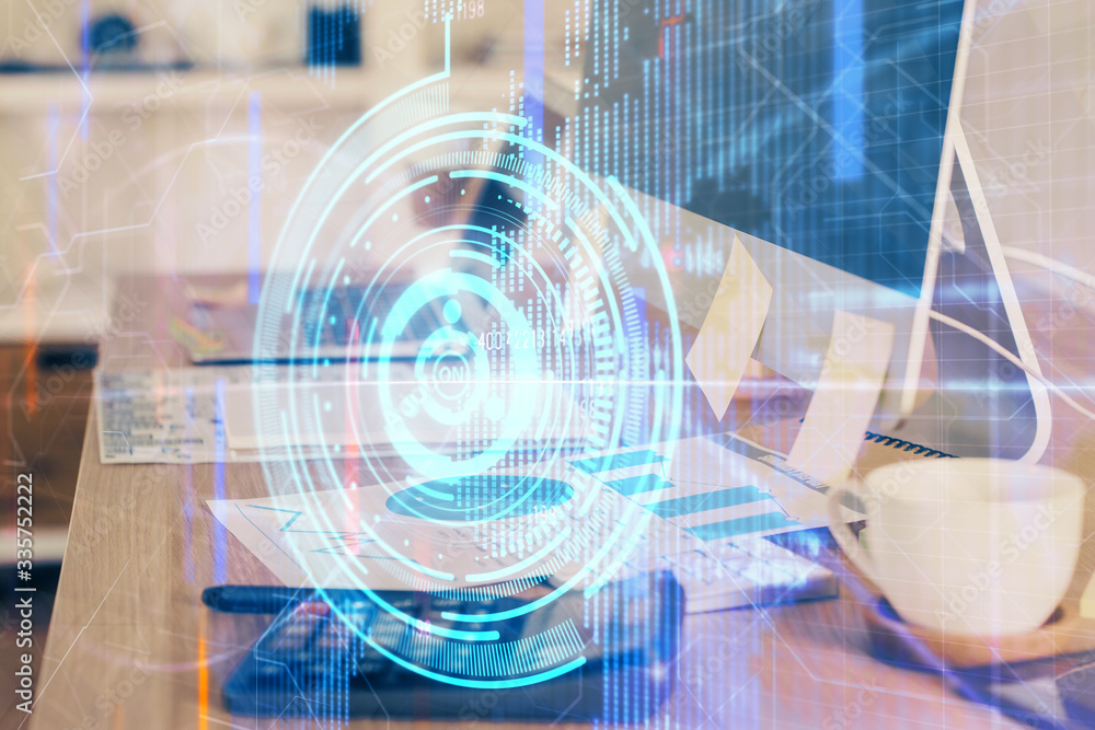 Fototapeta premium Double exposure of desktop computer and technology theme hologram. Concept of software development.