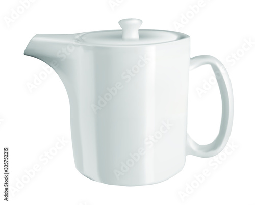 
Vector realistic illustration of a teapot. Isolated image of a white dishware. Ceramic straight-shaped teapot with a lid.