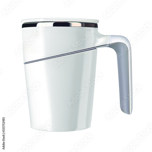 Vector realistic illustration of thermocup. Isolated image of a white dishware. Ceramic thermo mug with handle.