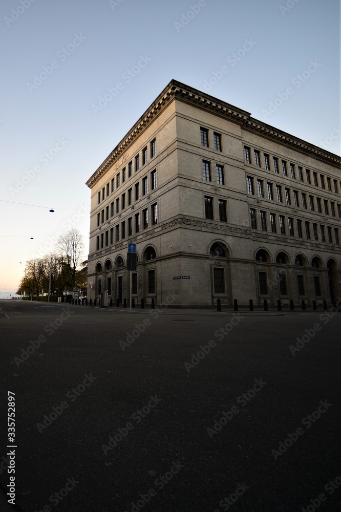 empty street in front of the national bank in zurich switzerland in the morning