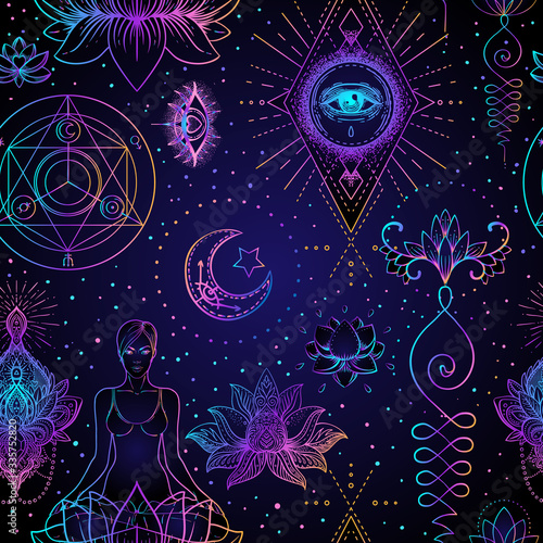 Sacred Geometry seamless pattern. Hindu symbols of wisdom and path to perfection. Tattoo, yoga background, Buddhism design, print, poster, t-shirt, textile. Repeating vector illustration.