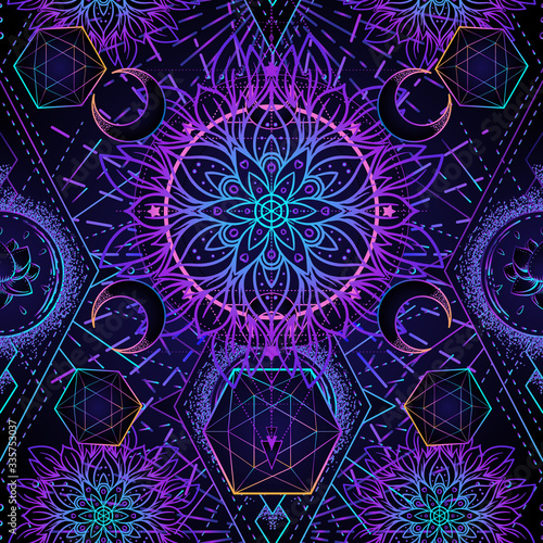 Sacred Geometry seamless pattern. Hindu symbols of wisdom and path to perfect...