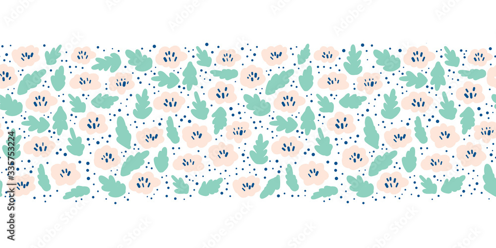 Ditsy Flower meadow seamless vector border. Pink teal green florals on white background. Repeating ditsy flowers in Scandinavian style.
