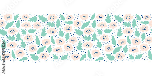 Ditsy Flower meadow seamless vector border. Pink teal green florals on white background. Repeating ditsy flowers in Scandinavian style.