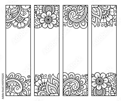 Printable bookmark for book - coloring. Set of black and white labels with flower patterns, hand draw in mehndi style. Sketch of ornaments for creativity of children and adults with colored pencils.