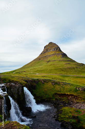 Kirkjufell mountain with two waterfalls in Iceland